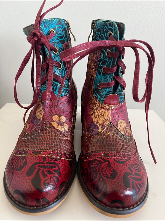Shoes - Women's Floral Lace-Up Ankle Boots in Burgundy and Teal Size 39